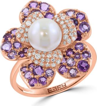 Effy 14K Rose Gold Diamond Amethyst & Fresh Water Pearl Flower Statement Ring in 14K Gold at Nordstrom, Size 7