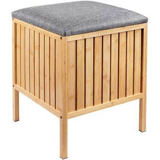 Relaxdays Relaxdays laundry hamper with seat, bamboo, padded lid, HxWxD 52 x 39 x 39 cm, bathroom stool with storage, natural/grey