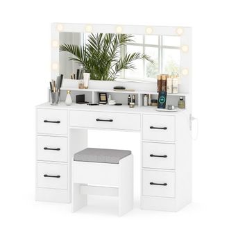 Costway Costway Vanity Desk with Mirror & Lights Makeup Table with 7 Drawers in White