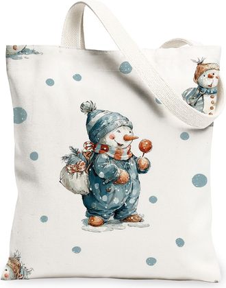 Generic Snow Man Canvas Tote Bags, Cute Winter Character Pattern Reusable Shopping Bags, Fun Festive Lightweight Washable Shoulder Strap Canvas for Gym Outdoo