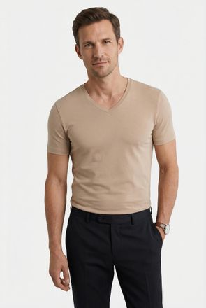 Olymp T-Shirt OLYMP Casual, Herren, Gr. S, beige, Obermaterial: 94% Baumwolle, 6% Elasthan, unifarben, Basic, schmal, V-Ausschnitt, abgesteppt, Shirts T-Shi
