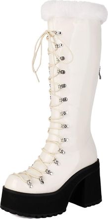 Generic Womens Chunky High Heel Platform Long Boots Round Toe PU Leather Knee High Boots Lace Up Winter Punk Boot,White,6.5 UK