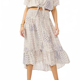 Lovestitch Printed Smocked Waist Skirt In Beige