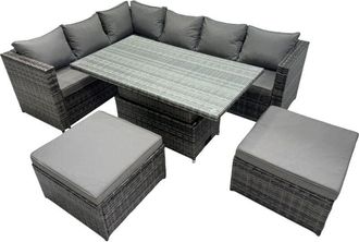 Fimous 8-seater Height Adjustable Rising Lifting Table Corner Sofa Set Rattan Garden Furniture Dining Set with 2 Big Stool Dark Grey Mixed - Fimous