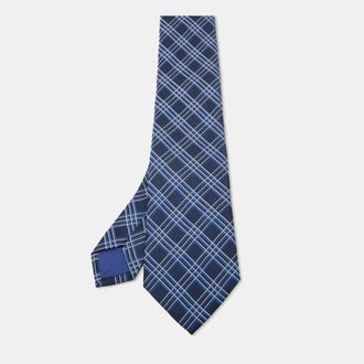 HUGO BOSS Boss By Hugo Boss Navy Blue Check Patterned Silk Tie