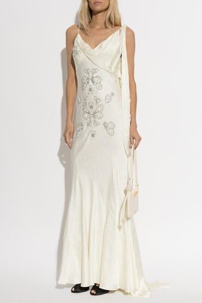 Self Portrait Satin Dress With Appliqu&eacute;s, Womens, Cream