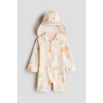 H&M Upf 50 Sun Protection Set in Light Beige/animals at Nordstrom, Size 9-12M