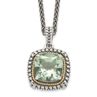 Diamond2Deal Sterling Silver with 14K Accent Cushion Green Quartz Pendant Necklace