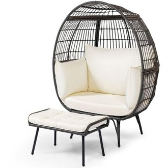 Costway Poltrona a uovo con pouf, poltrona da giardino in vimini a 2 pezzi con morbidi cuscini, struttura in metallo e poggiapiedi, per soggiorno e giardino