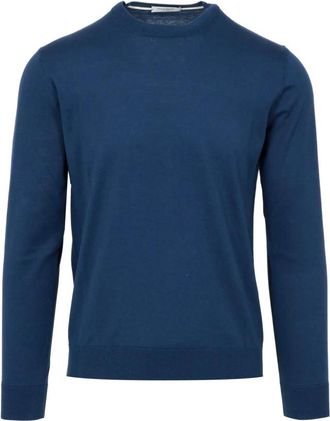 Paolo Pecora Blauwe Zijde Katoen Trui Geribbelde Hals - Heren - Ronde hals truien - Blauw - 2XL - Katoen - Truien & Vesten