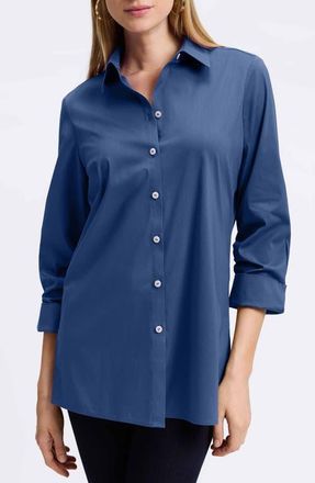 Foxcroft Evelyn Three-Quarter Sleeve Button-Up Shirt in Pacific Blue at Nordstrom, Size X-Small