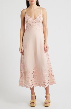 Farm Rio Richelieu Floral Embroidery Linen Slipdress in Light Pink at Nordstrom, Size X-Large