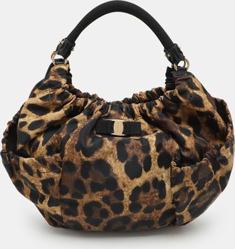 Ferragamo Brown Leopard Print Nylon Vara Bow Hobo