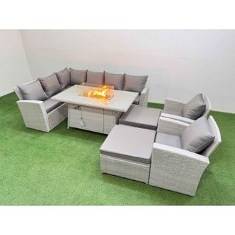 Fimous Outdoor Furniture Garden Dining Set Rattan Corner Sofa Chair Sets Gas Fire Pit Table with Temper Glass Footstools 10 Seater Light Grey Mixed - Fimous