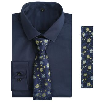 Alizeal Mens Long Sleeve Shirt and Necktie Set Formal Casual Business Wedding Button Down Dress Shirt and Tie Set, Navy-Yellow Floral-XL