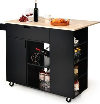 Costway Isla De Cocina Con Hoja Abatible, Carrito De Servicio Rodante Con Tapa De Madera De Caucho, Carrito De Utilidad Con Caj&oacute;n, Estante Abierto, Barra De C