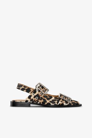 Ganni Feminine Buckle Ballerinas in Leopard Satin - Size 35 Mixed
