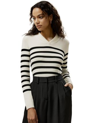 LilySilk Womens Sweater Merino Wool Black & White Stripes Jumper Basic Pullover & Base Layer for Fall Winter(White with Black Stripes,S)