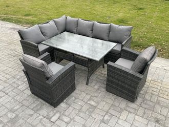Fimous 8 Seater Outdoor Rattan Garden Furniture Set with Rectangular Dining Table 2 Armchairs Patio Wicker Corner Sofa Set in Dark Grey