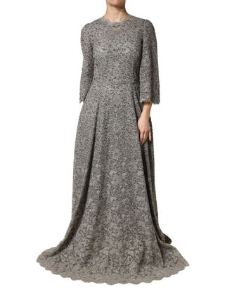 Dolce & Gabbana Gray Lace Long Sleeves Cotton Maxi Womens Dress