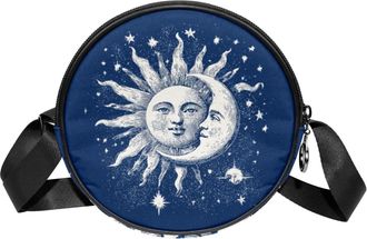 Generic Circle Crossbody Bag for Women, Sun and Crescent Moon Small Sling Bag Daypack with Zipper Adjustable Shoulder Straps Casual Ladies Girls Round Purse