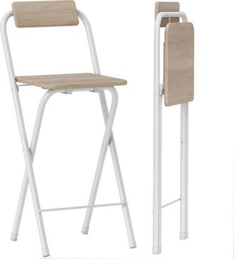 HOMCOM Homcom - Juego De 2 Taburetes De Bar Plegables Taburetes Altos De Cocina Con Respaldo Reposapi&eacute;s Y Marco De Acero Para Comedor Mostrador Natural