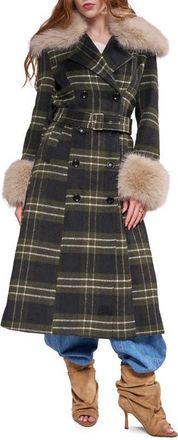 Azalea Wang Avenna Plaid Faux Fur Trim Trench Coat in Green Multi at Nordstrom, Size X-Large