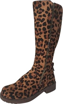 Generic Womens Fashion Leopard Print High Boots Side Zipper Flat Bottom Comfortable Knee Length Winter Footwear (Brown, 5.5)