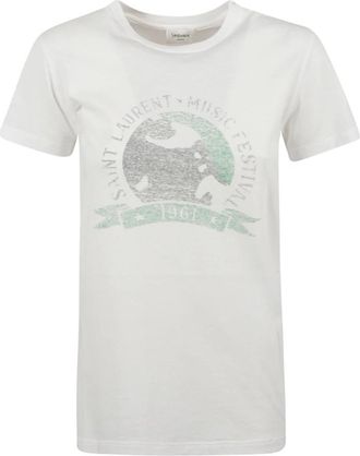 Saint Laurent Muziek Print T-shirts en Polos - Dames - T-shirts - Beige - M - Katoen - Tops