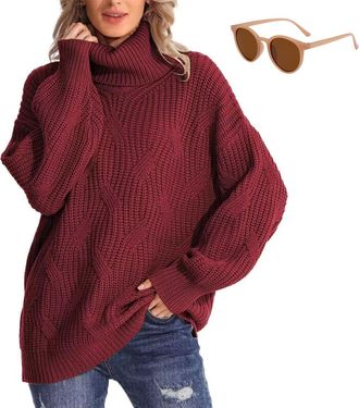 Generic Womens Oversized Cable Knit Turtleneck Sweater,Cozy Fall Winter Lantern Sleeve Pullover,Plus Size Loose Casual Sweater Burgundy
