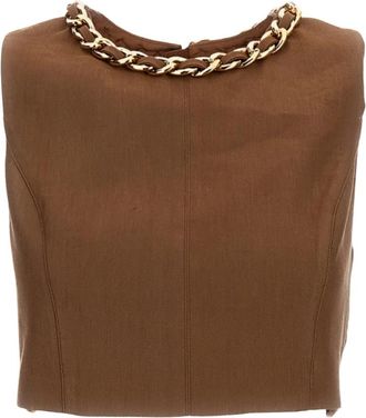 Elisabetta Franchi Linnenmix Croptop met Ketting - Dames - Tops zonder mouwen - Bruin - XL - Linnen - Tops