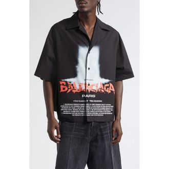 Balenciaga The Door Short Sleeve Cotton Bowling Button-Up Shirt in 1000 Black at Nordstrom, Size 52