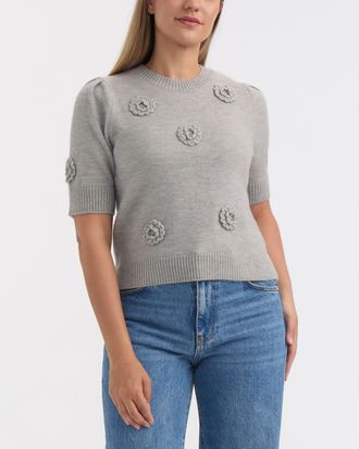 Ellen Tracy Womens Short Sleeve Sweater with Crochet Flowers