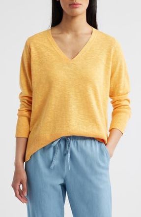 Eileen Fisher Organic Linen & Organic Cotton V-Neck Sweater in Cantaloupe at Nordstrom Rack, Size Xx-Small
