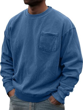 Generic Mens Solid Colour Sweatshirts with Pocket, Distressed Washed Loose Fit Pullover Tops Casual Fashion Mens Sweatshirts Long Sleeve Outdoors Streetwear J