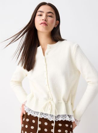 Twik Womens Iridescent buttons lace trim Cardigan Sweater