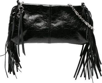 Maje Borsa a spalla in pelle con frange - Nero