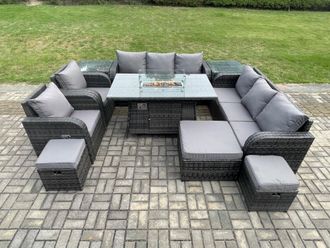 Fimous Wicker Rattan Garden Furniture Set Gas Fire Pit Dining Table Indoor Outdoor with 2 Side Tables Chair Loveseat Sofa in Dark Grey