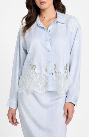 Guess Evie Lace Trim Denim Shirt in Nimbus Blue at Nordstrom, Size Large
