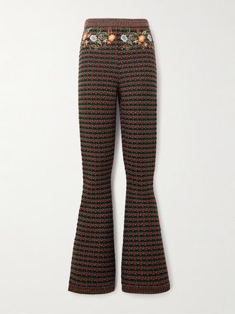 Etro Pantaloni Bootcut In Maglia Jacquard Con Ricami - Marrone