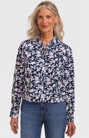 Lands End No Iron Boxy Cropped Shirt in Deep Sea Navy Blossoms at Nordstrom, Size X-Large P