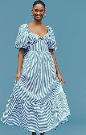 English Factory Puff-Sleeve Open-Back A-Line Midi Dress