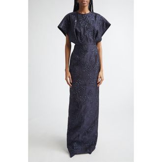 Carolina Herrera Fan Bodice Floral Metallic Jacquard Column Gown in Midnight at Nordstrom, Size 12