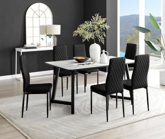 Furniturebox Carson White Marble Effect Dining Table & 6 Velvet Milan Black Leg Chairs