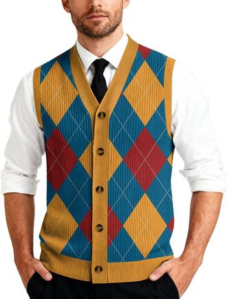 Generic Sleeveless Cardigan For Men Mens Knit Button Front Vest Classic V-neck Pullover Sweater Patterned Lightweight Layer M