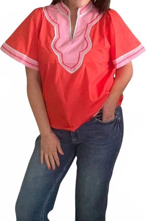 THML Clothing Wide Sleeve Contrast Trim V-Neck Top In Red