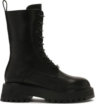 Kazar Zwarte laarzen met hoge schacht in militaire stijl - Dames - Veterlaarzen - Zwart - 36 EU - Leer - Schoenen