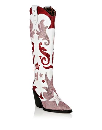 Philipp Plein Strass Cow Boy Boots Mid Heels High Stars