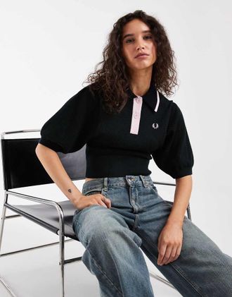 Fred Perry camicia lavorata a maglia pointelle color block nera-Verde