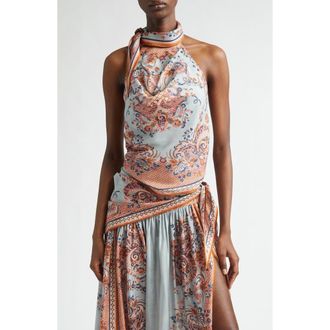 Zimmermann Aster Paisley Scarf Tie Silk Halter Top in Blue Paisley Floral at Nordstrom, Size 3